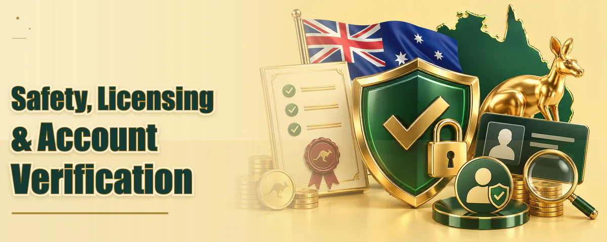 Shield, padlock and ID card representing safety, licensing and account verification for Australian online casino players
